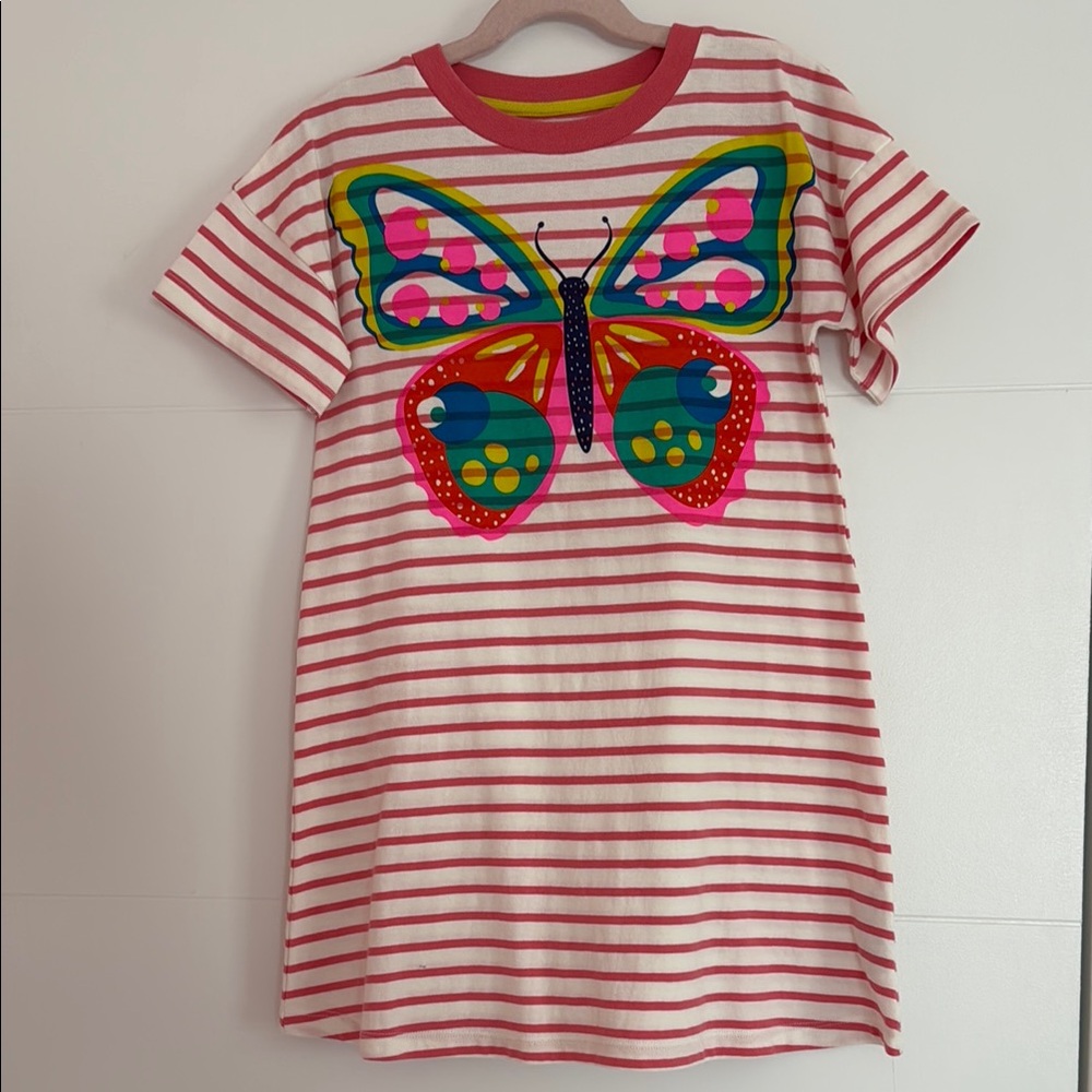 Mini Boden Striped Dress with Butterfly Design - Pink and Red